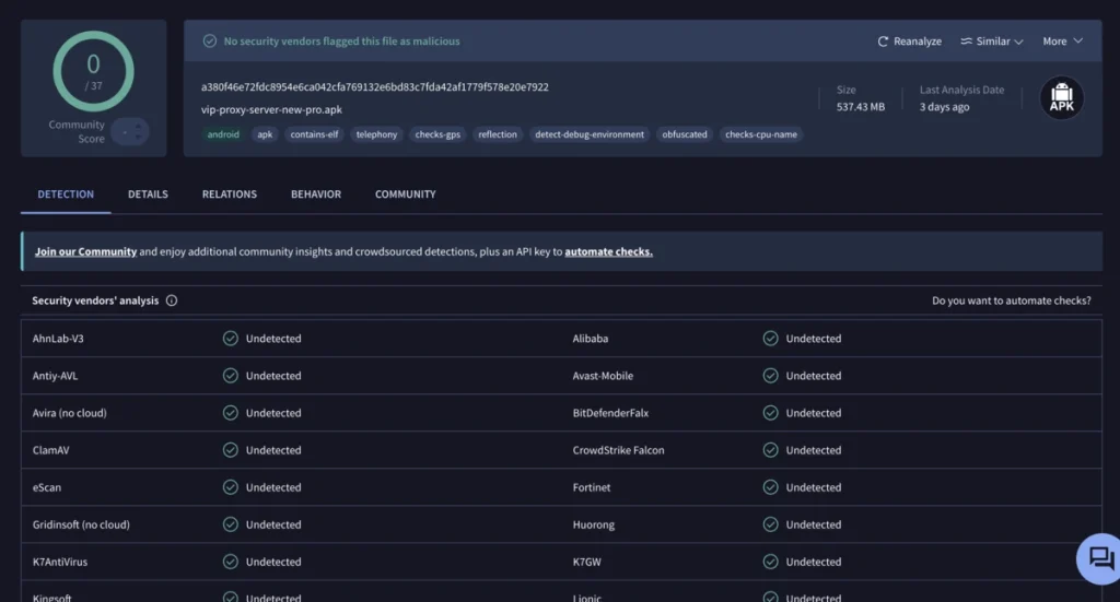 VIP Proxy Server: Virustotal safe result test